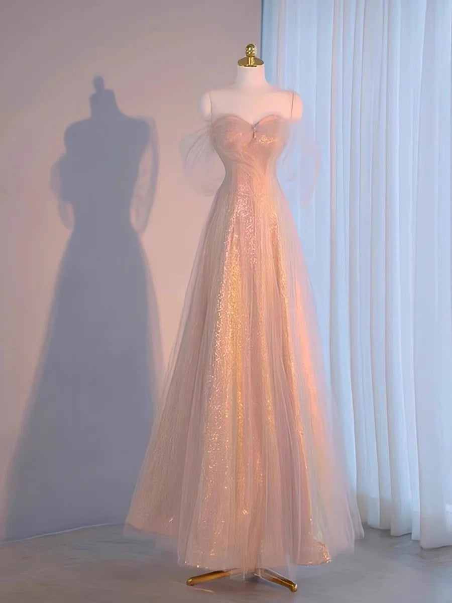 TingPo Wholesale Elegant A Line Spaghetti Straps Pink Sequin Long Prom Dress Evening Dresses
